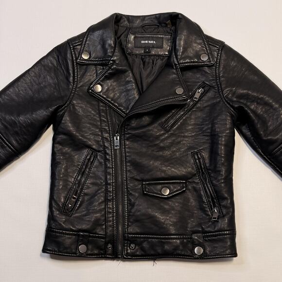 Diesel Jacket Youth 8 Black Moto Biker Leather Look Asymmetrical Zip Pockets - Picture 2 of 13
